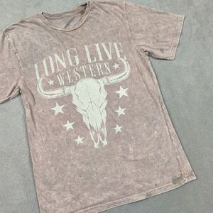 Lotus Fashion Size S Womens Western Bull Skull Graphic Tee Mineral Wash Brown